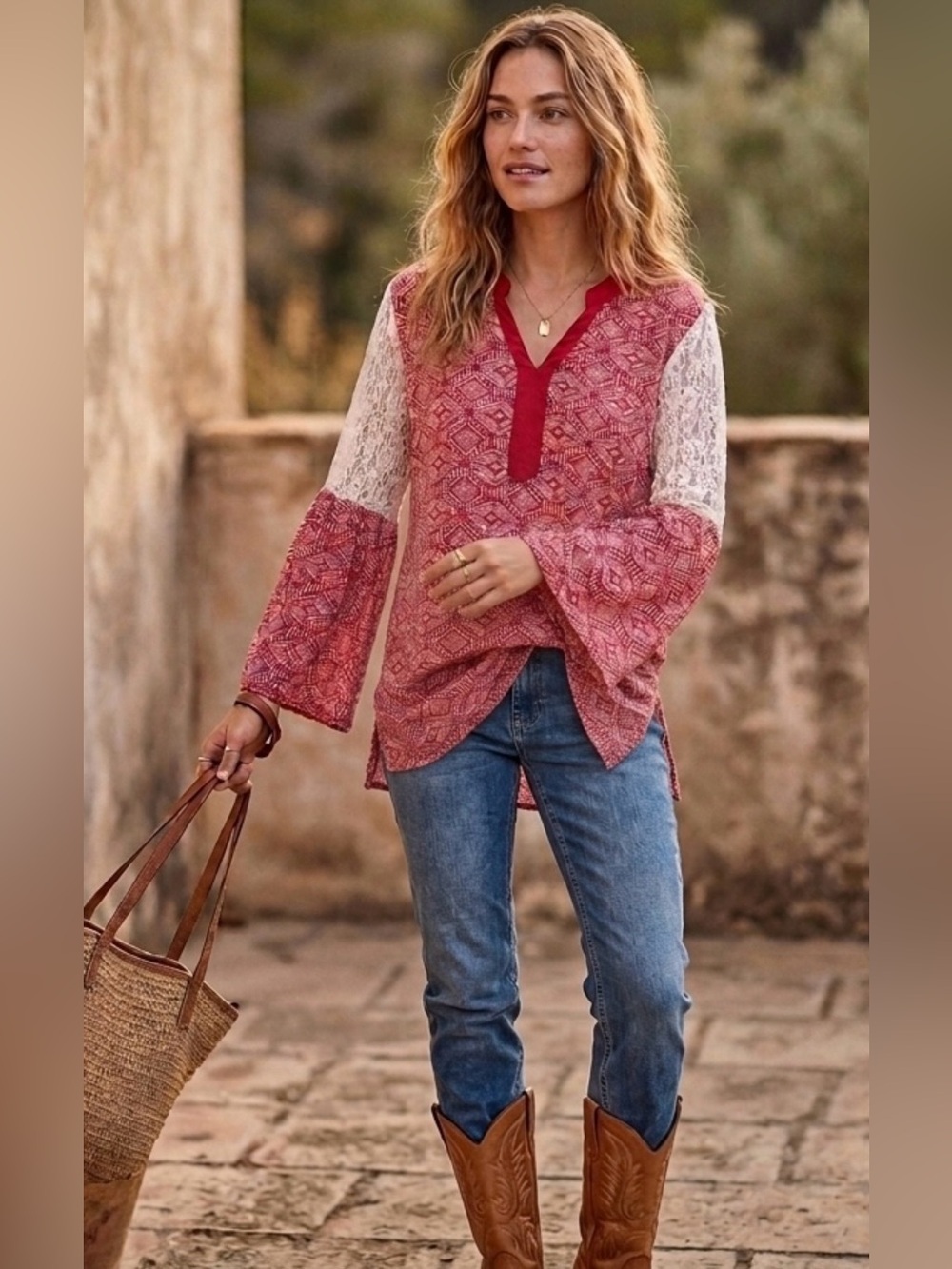 R CINCO RANCH Western Boho Lace Bell Sleeve Tunic Top Red Geometric Size Small